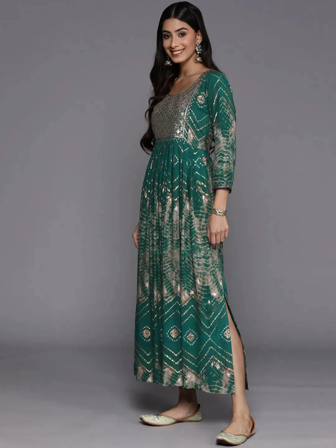 Green Printed Fit and Flare Rayon Dress by My Store