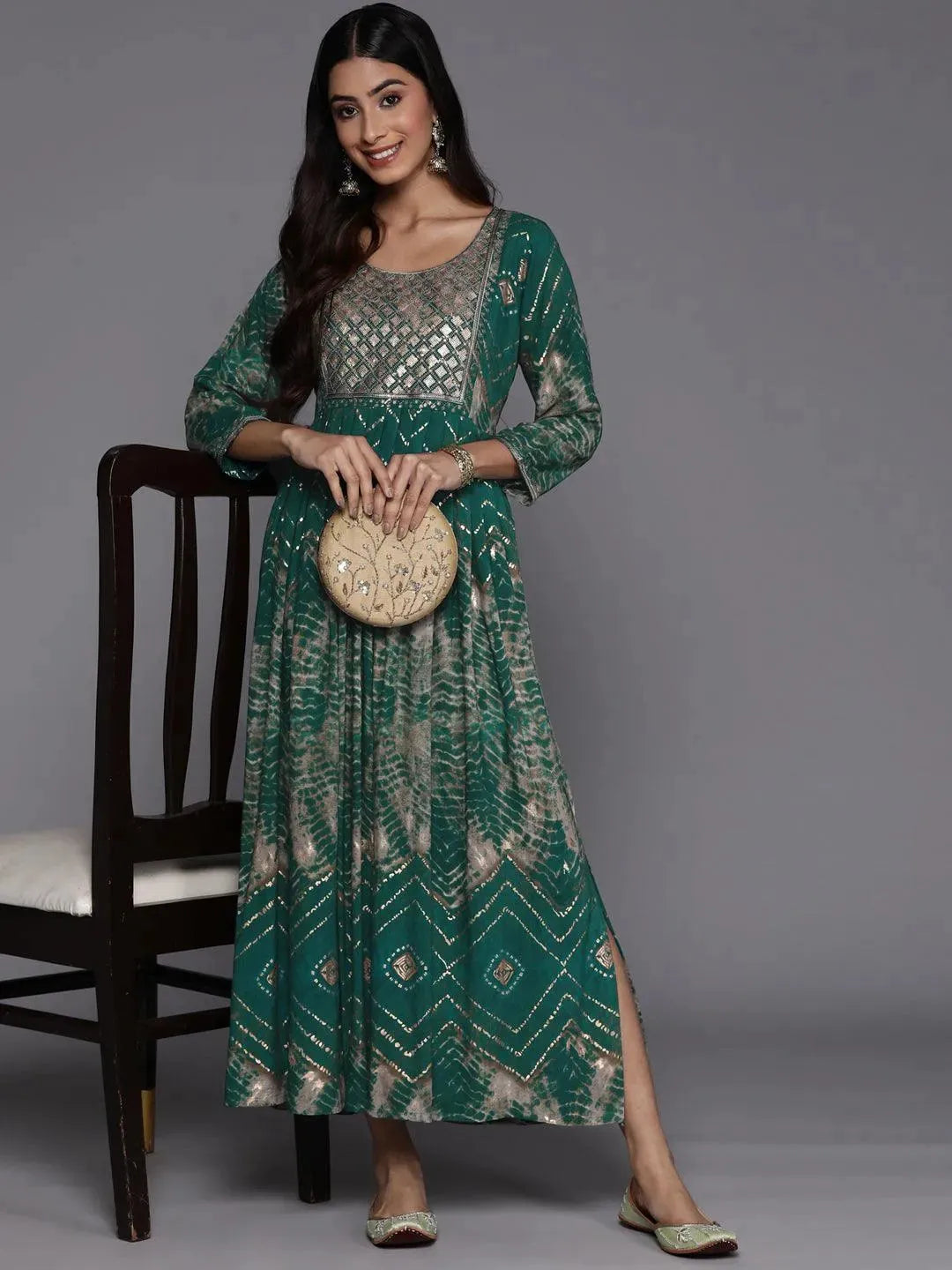 Green Printed Fit and Flare Rayon Dress by My Store