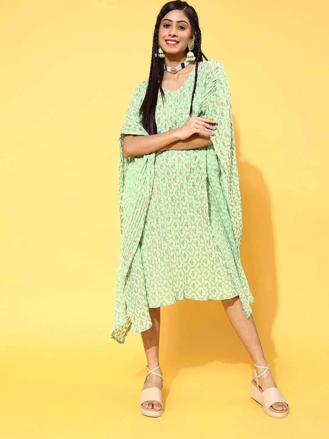 Green Printed Georgette Dress by My Store