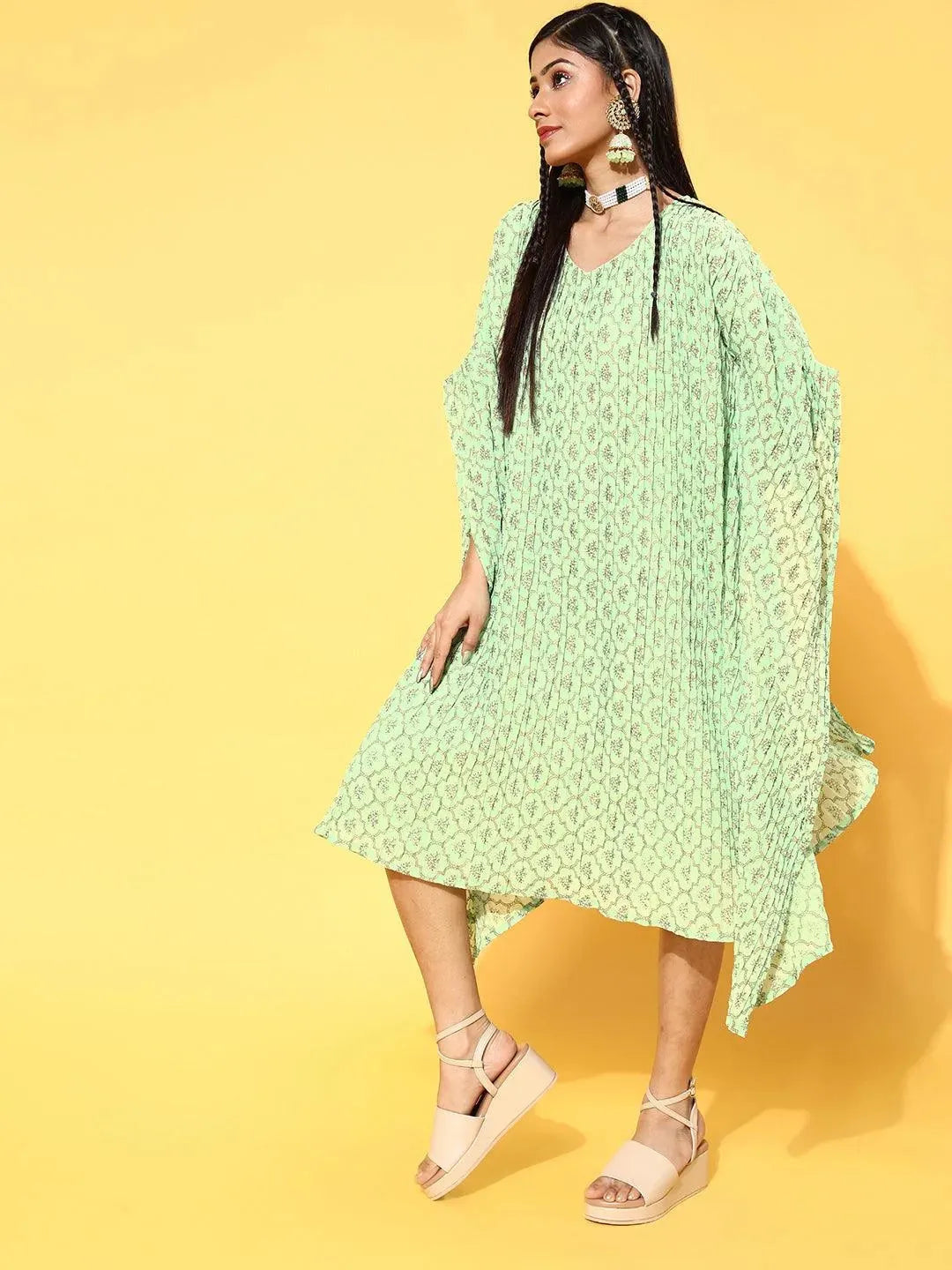 Green Printed Georgette Dress by My Store