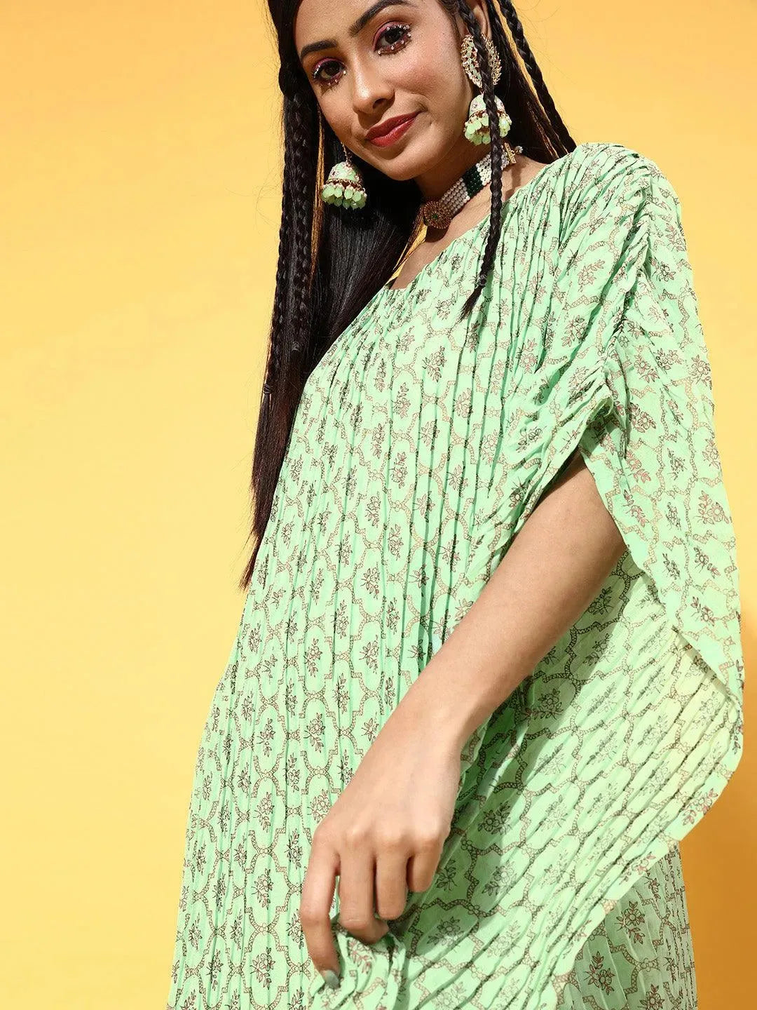 Green Printed Georgette Dress by My Store