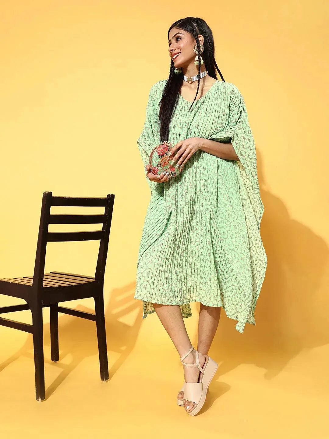 Green Printed Georgette Dress by My Store