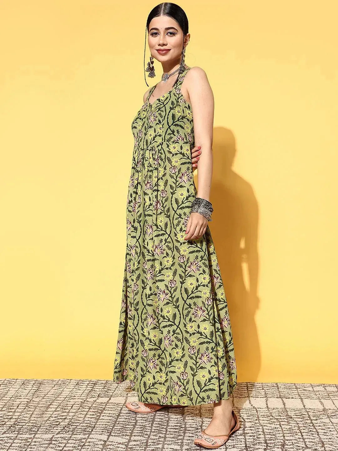 Green Printed Georgette Fit and Flare Dress by My Store