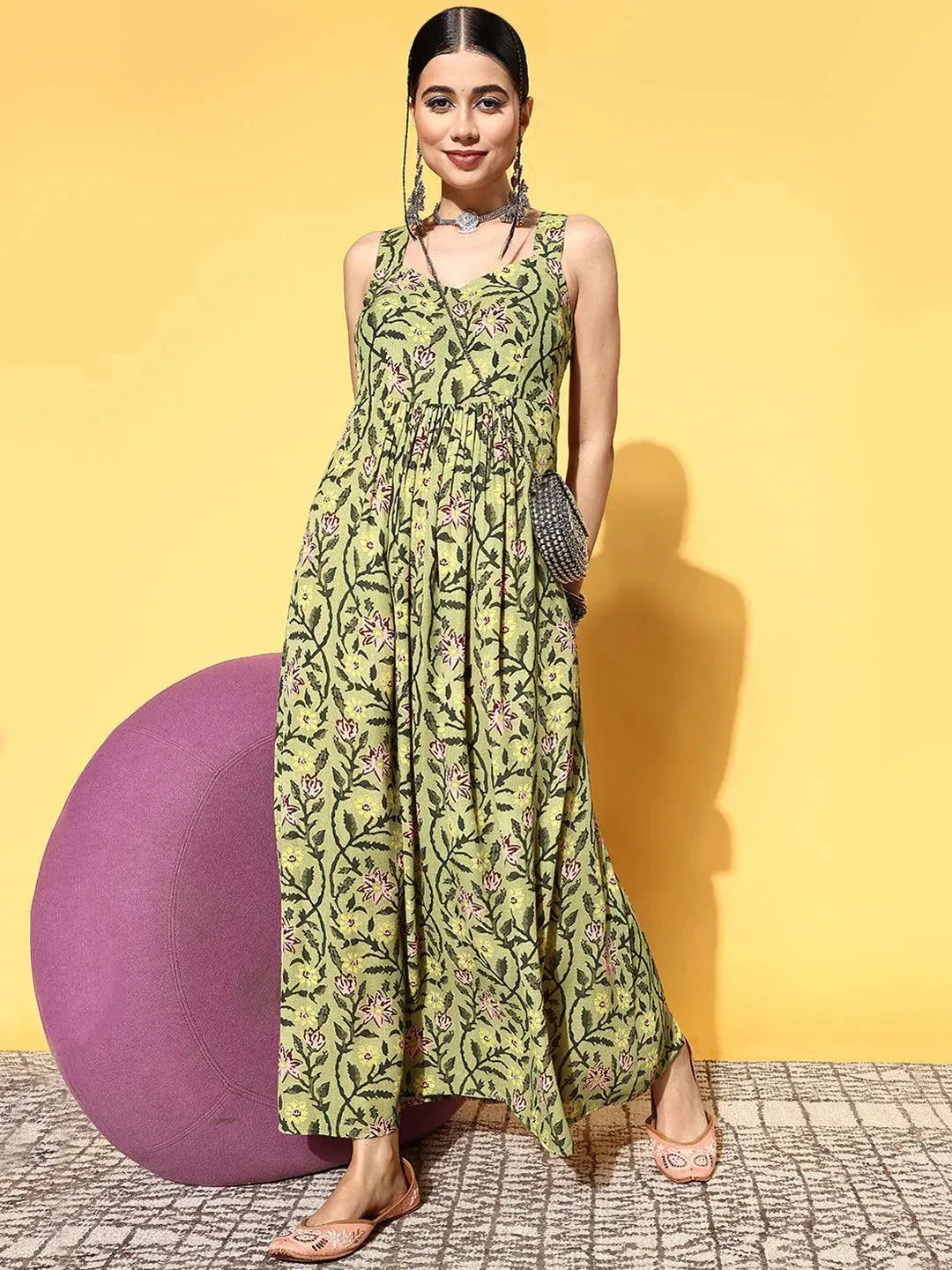 Green Printed Georgette Fit and Flare Dress by My Store