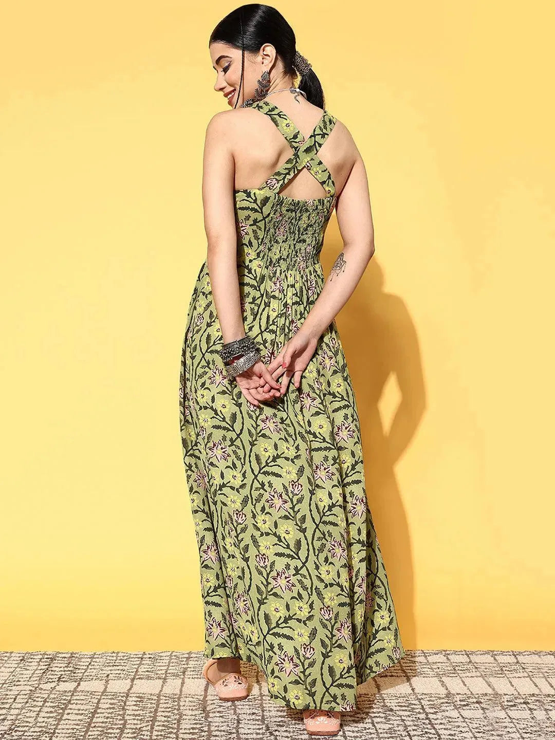 Green Printed Georgette Fit and Flare Dress by My Store