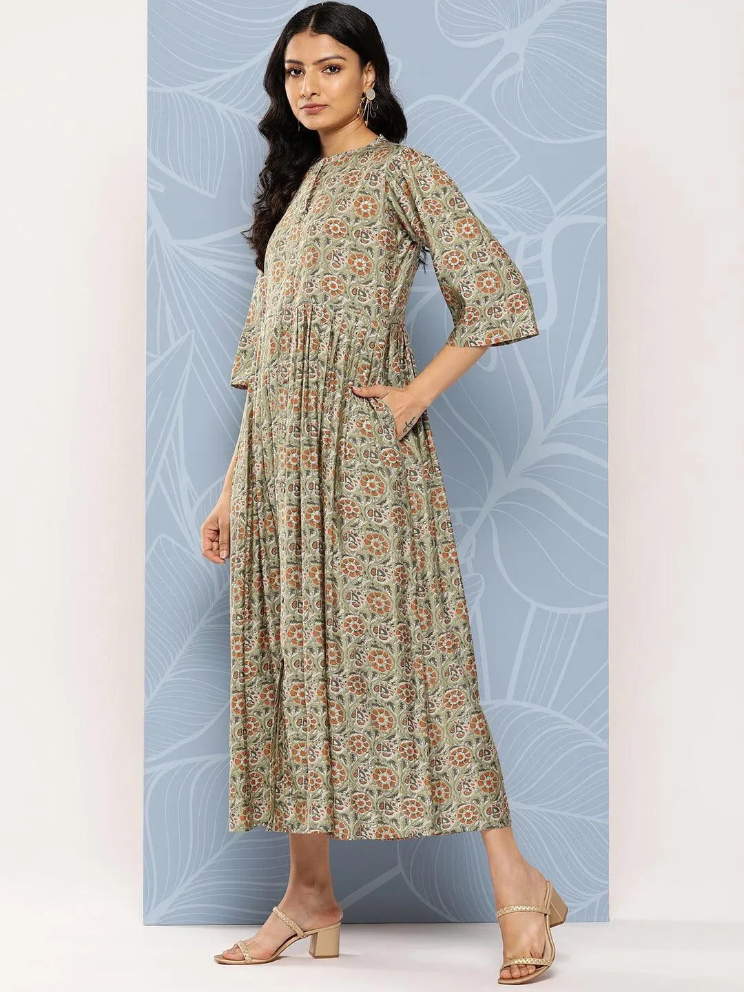 Green Printed Silk Fit and Flare Dress by My Store