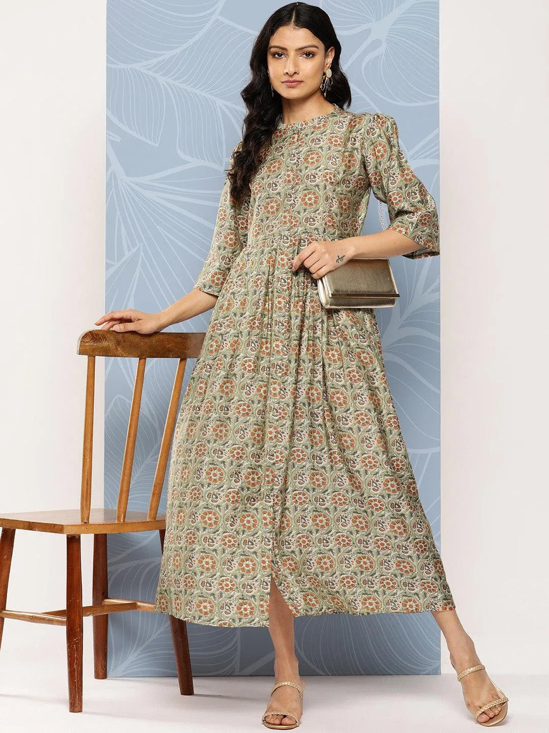 Green Printed Silk Fit and Flare Dress by My Store