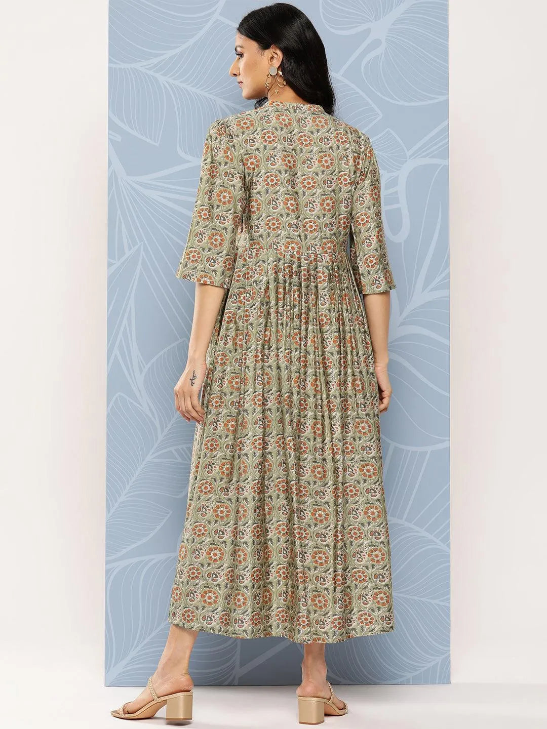 Green Printed Silk Fit and Flare Dress by My Store