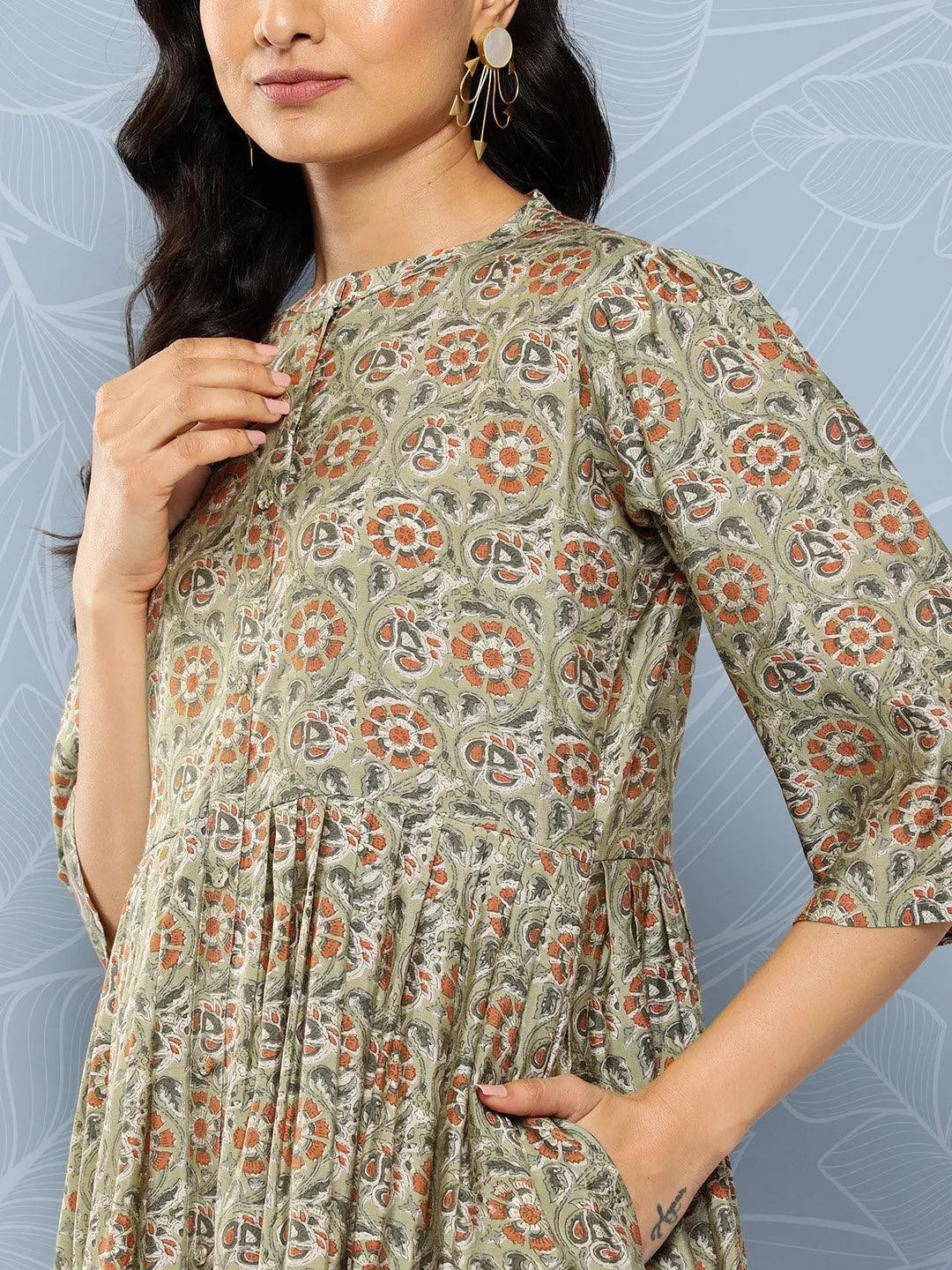 Green Printed Silk Fit and Flare Dress by My Store