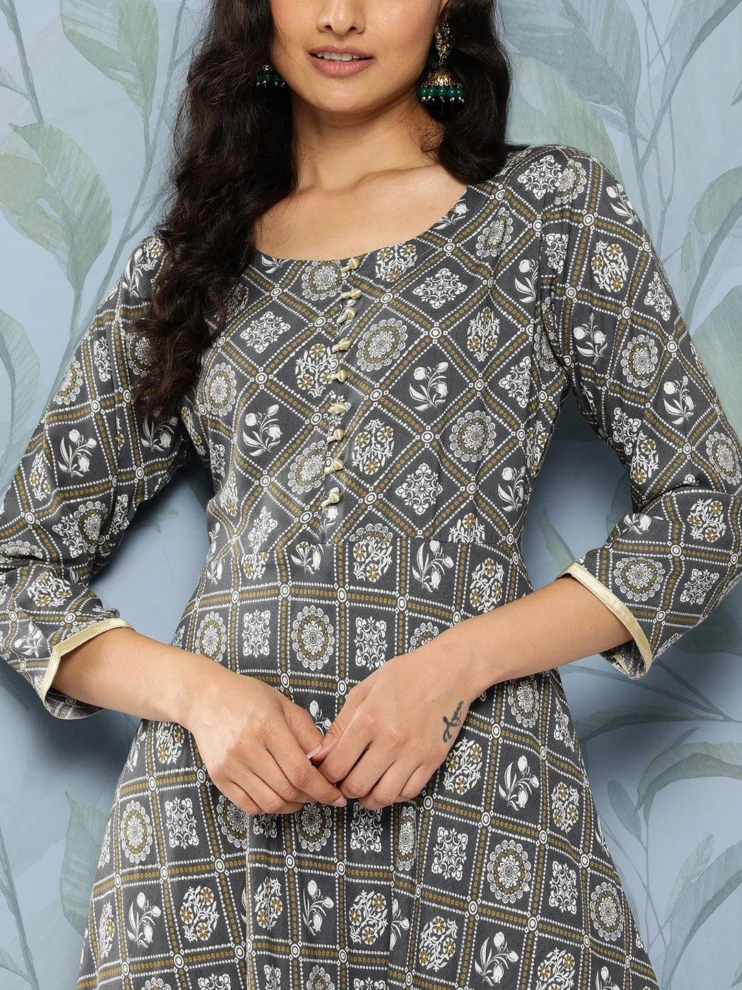 Grey Printed Rayon Fit and Flare Dress by My Store