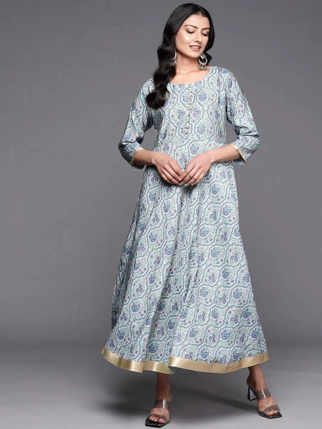 Grey Printed Silk Fit and Flare Dress by My Store