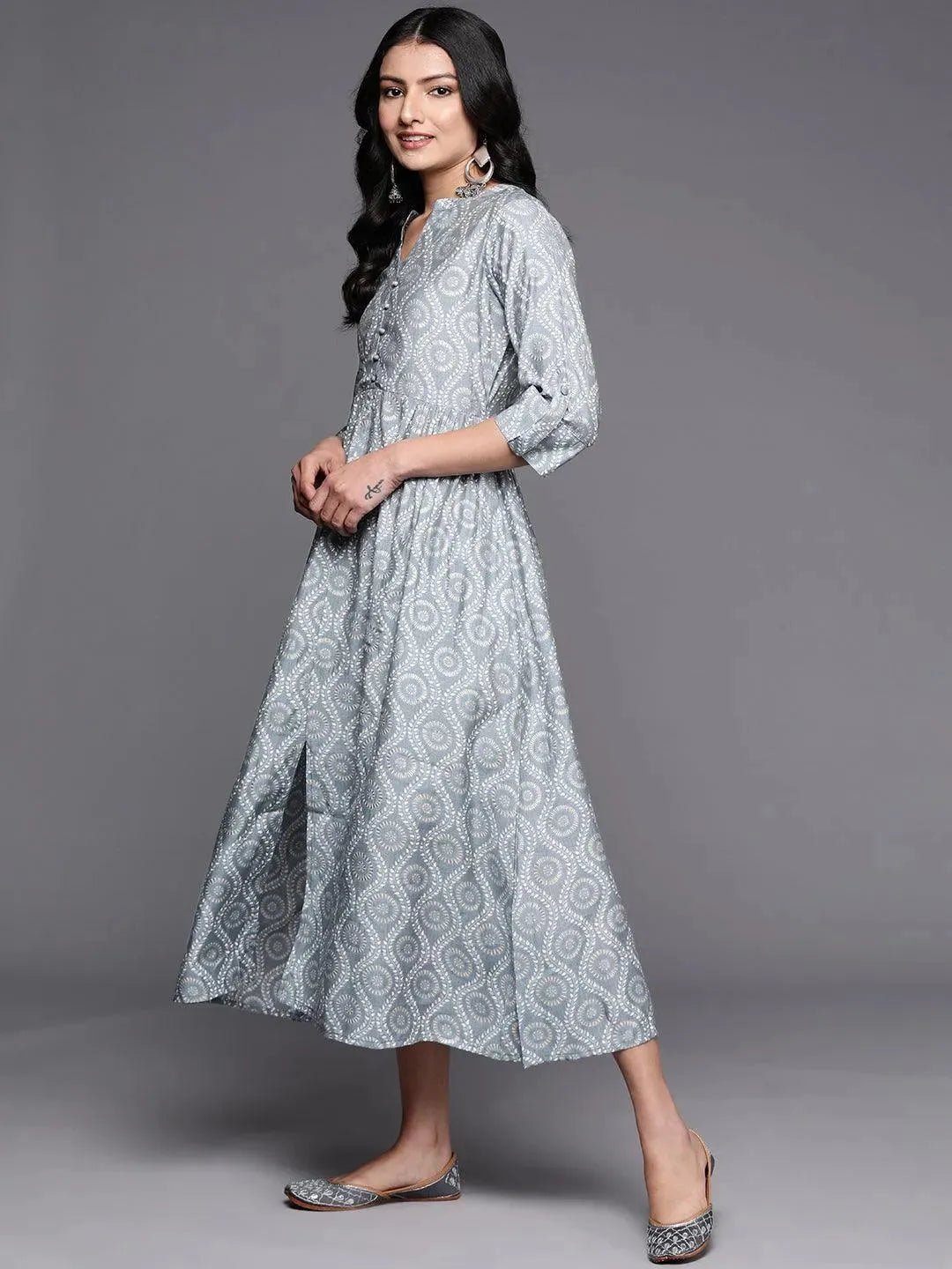 Grey Printed Silk Fit and Flare Dress by My Store