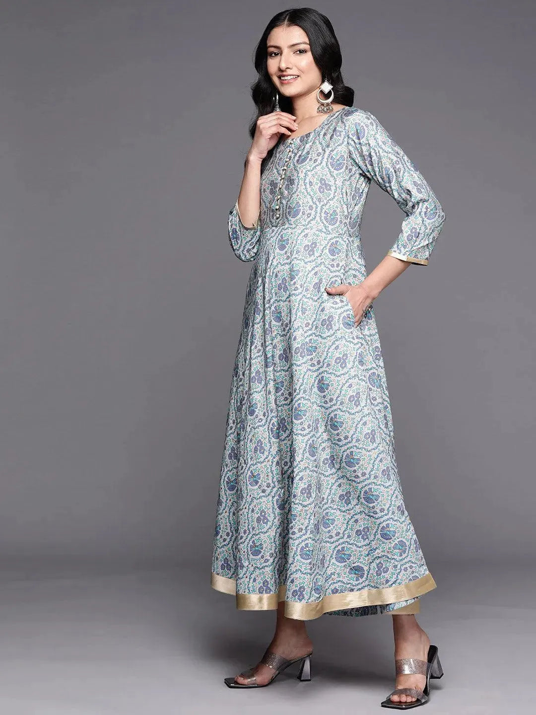 Grey Printed Silk Fit and Flare Dress by My Store