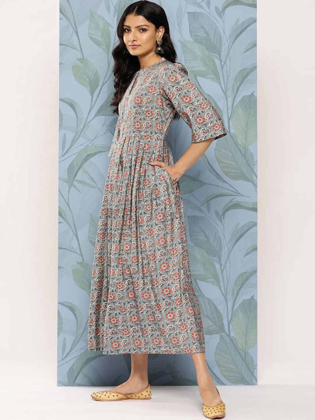 Grey Printed Silk Fit and Flare Dress