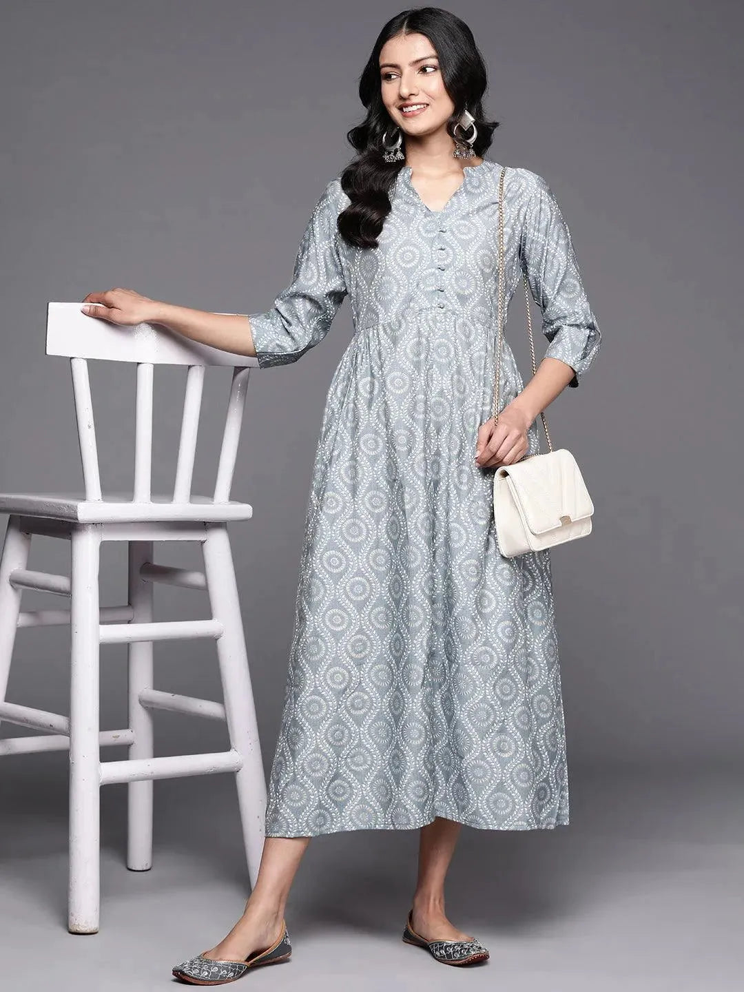 Grey Printed Silk Fit and Flare Dress by My Store