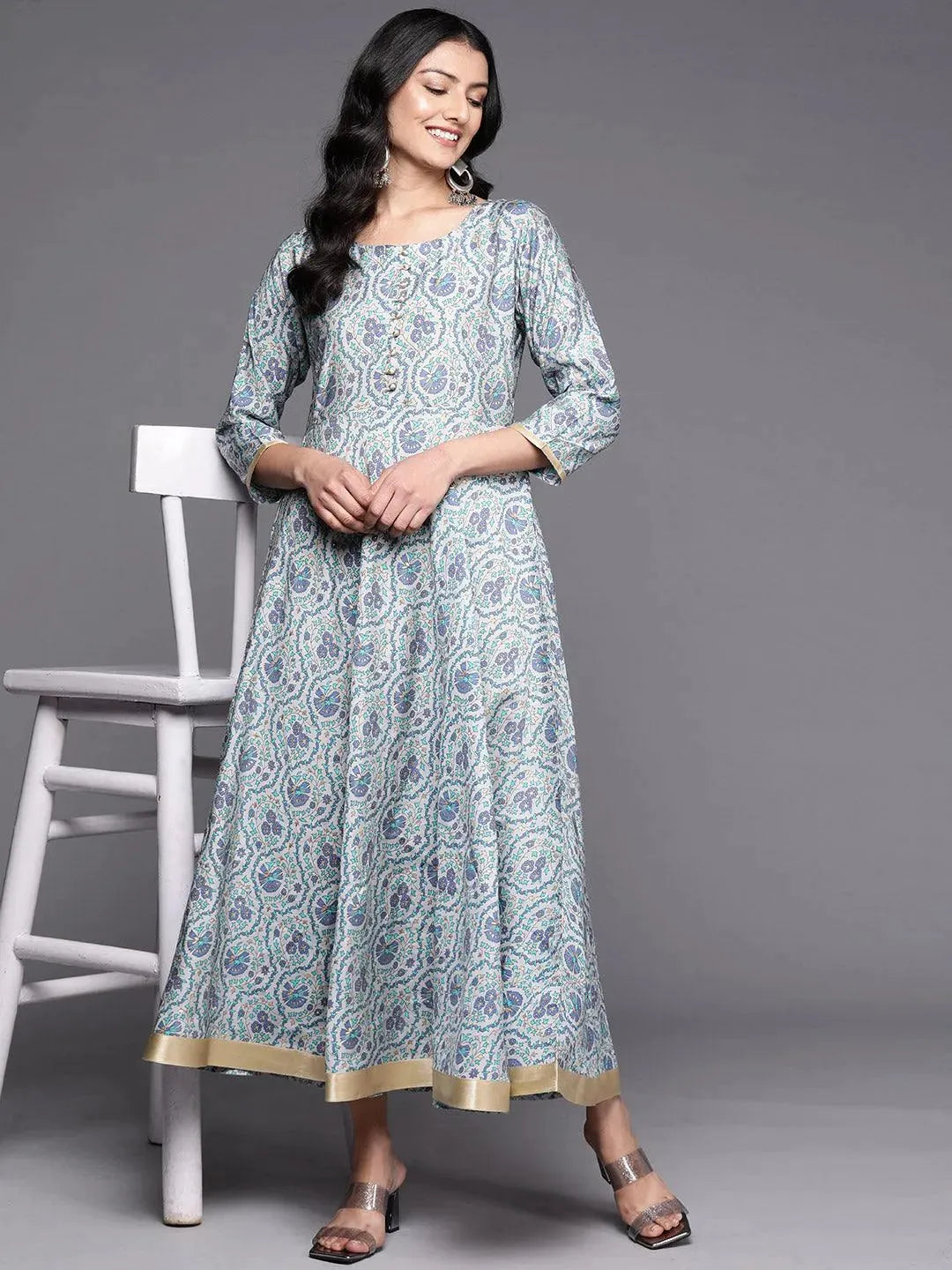 Grey Printed Silk Fit and Flare Dress by My Store