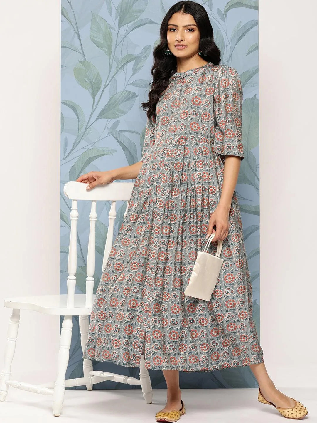 Grey Printed Silk Fit and Flare Dress