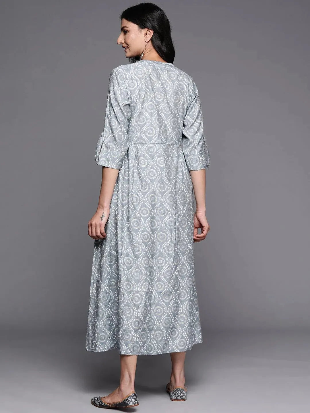 Grey Printed Silk Fit and Flare Dress by My Store