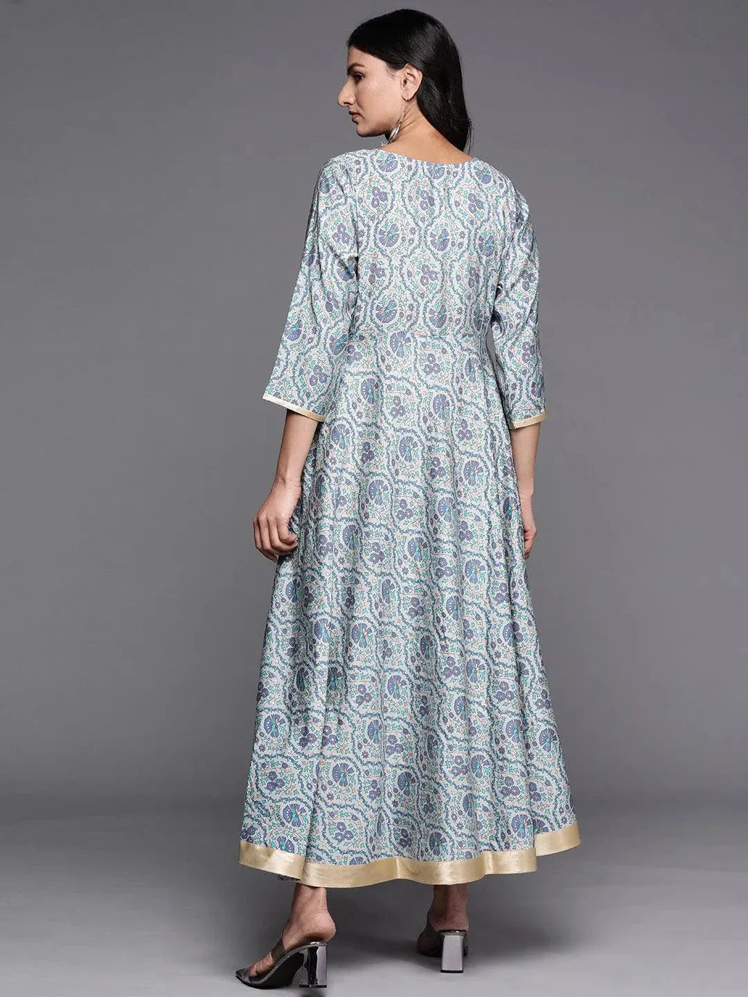 Grey Printed Silk Fit and Flare Dress by My Store