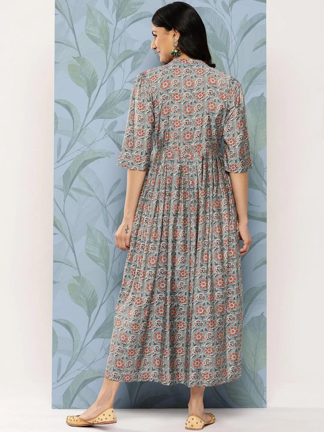 Grey Printed Silk Fit and Flare Dress