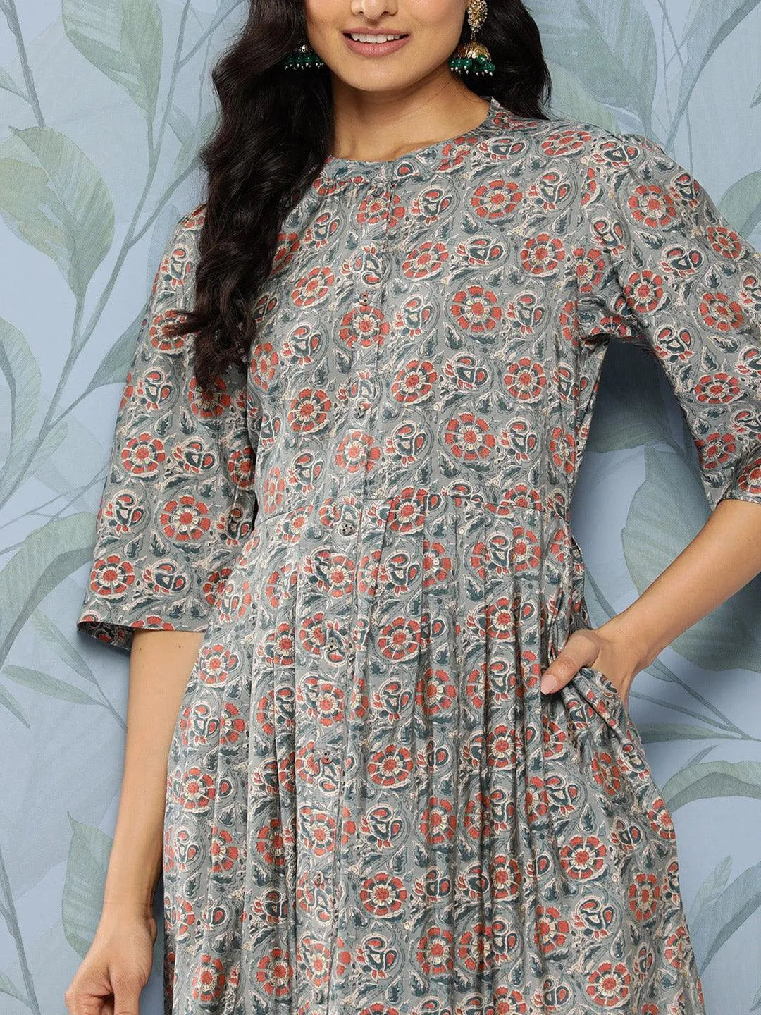 Grey Printed Silk Fit and Flare Dress