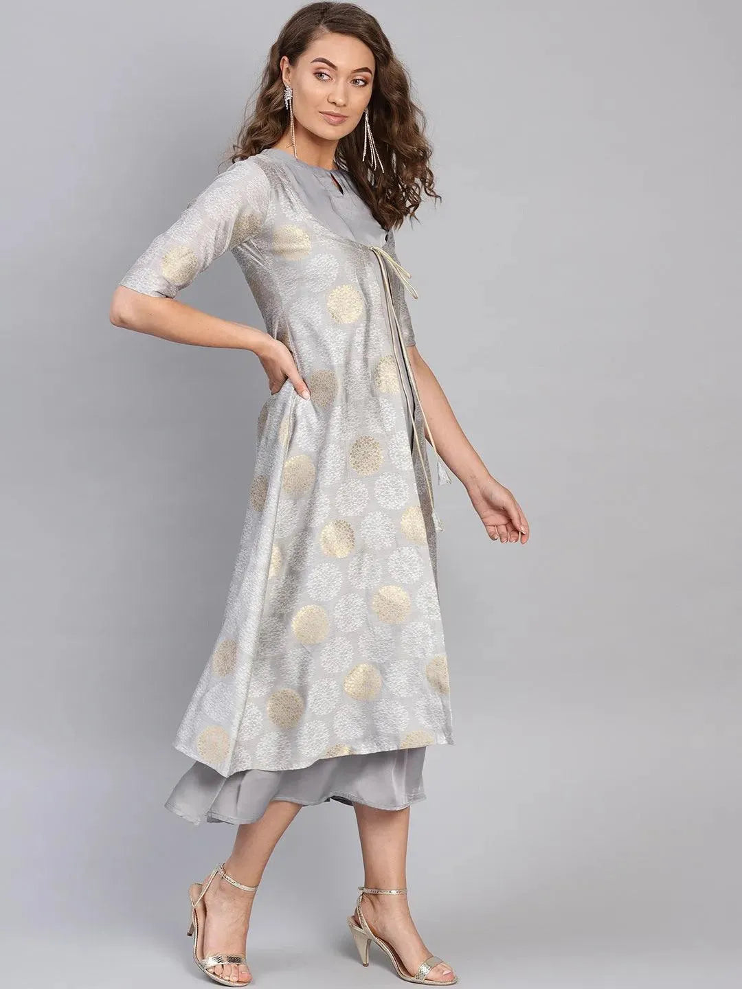Grey Self Design Polyester Dress With Jacket