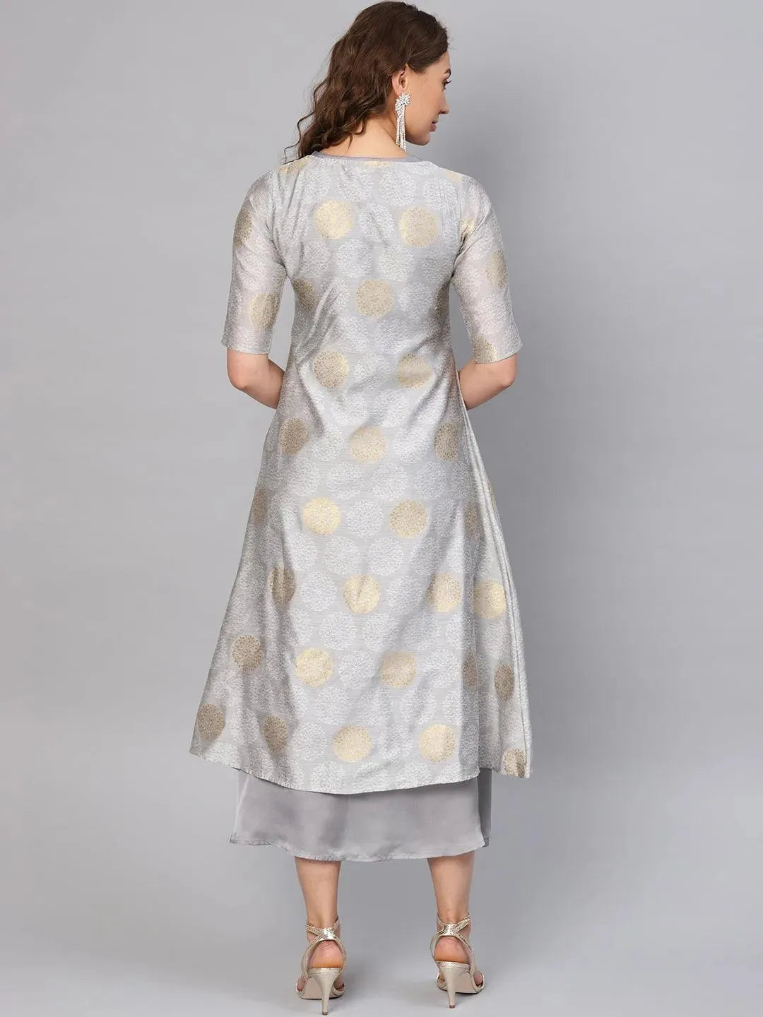 Grey Self Design Polyester Dress With Jacket