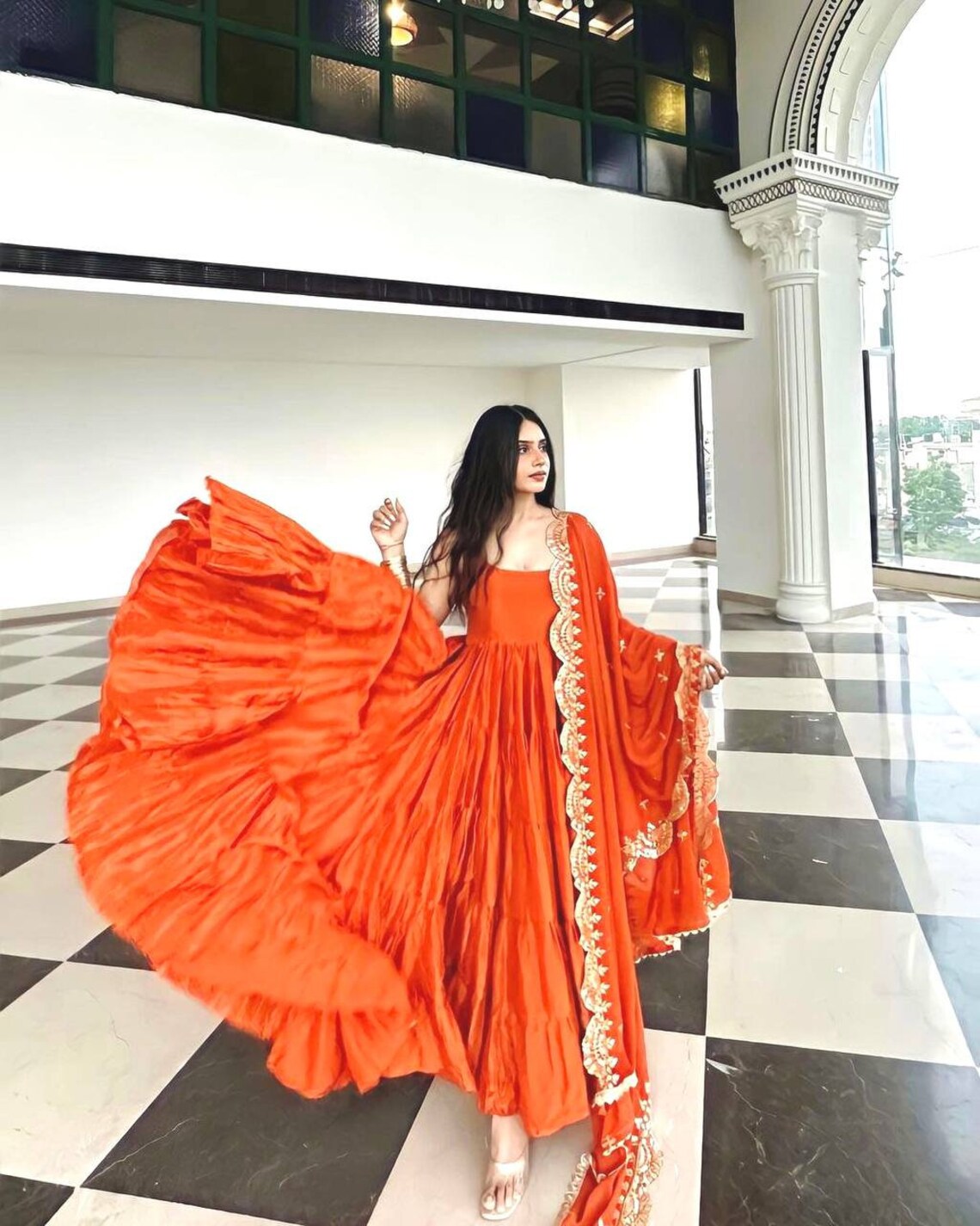Beautiful Orange Color Ruffle Flair Anarkali Gown by My Store