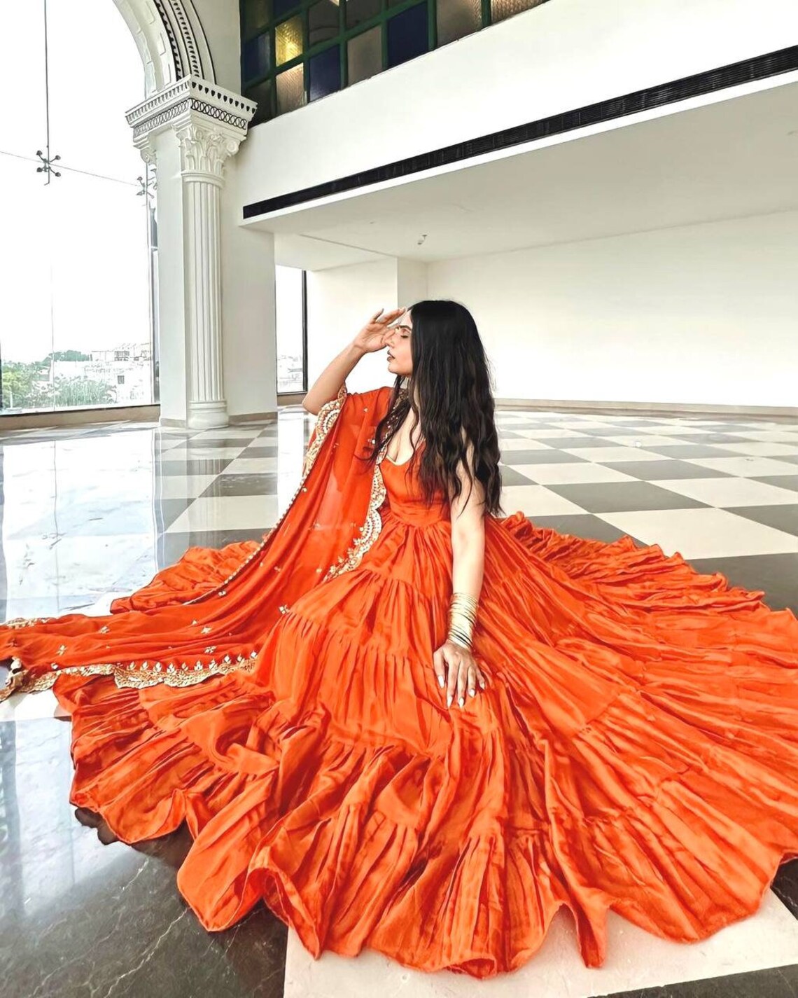 Beautiful Orange Color Ruffle Flair Anarkali Gown by My Store