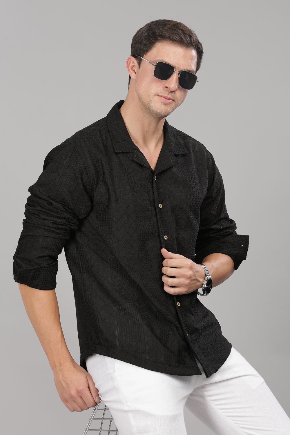 Black Monnaaco Cuban Collar Shirt