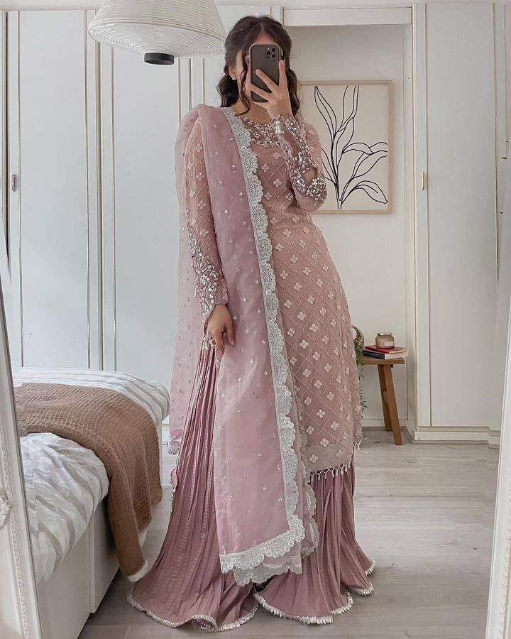 Jiana Peach Georgette Embroidered Kurta Palazzo Sets by My Store