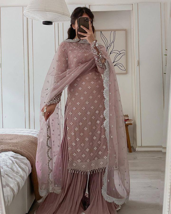 Jiana Peach Georgette Embroidered Kurta Palazzo Sets by My Store