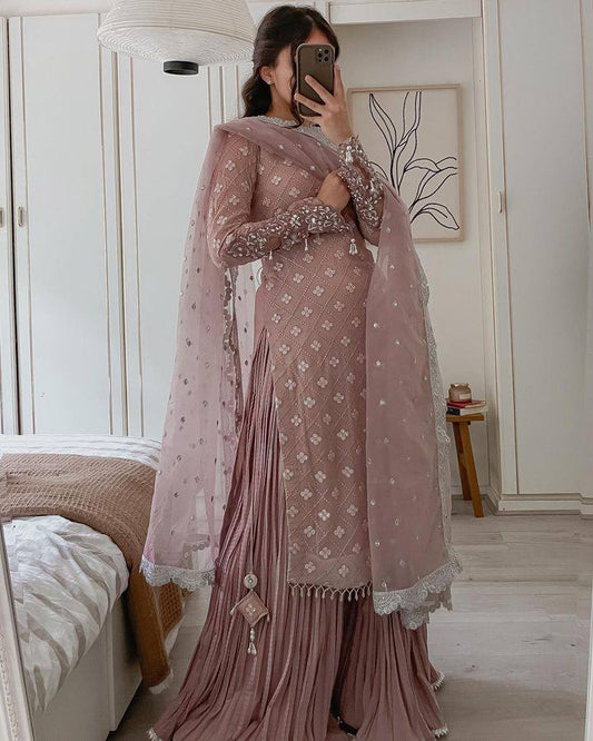 Jiana Peach Georgette Embroidered Kurta Palazzo Sets by My Store