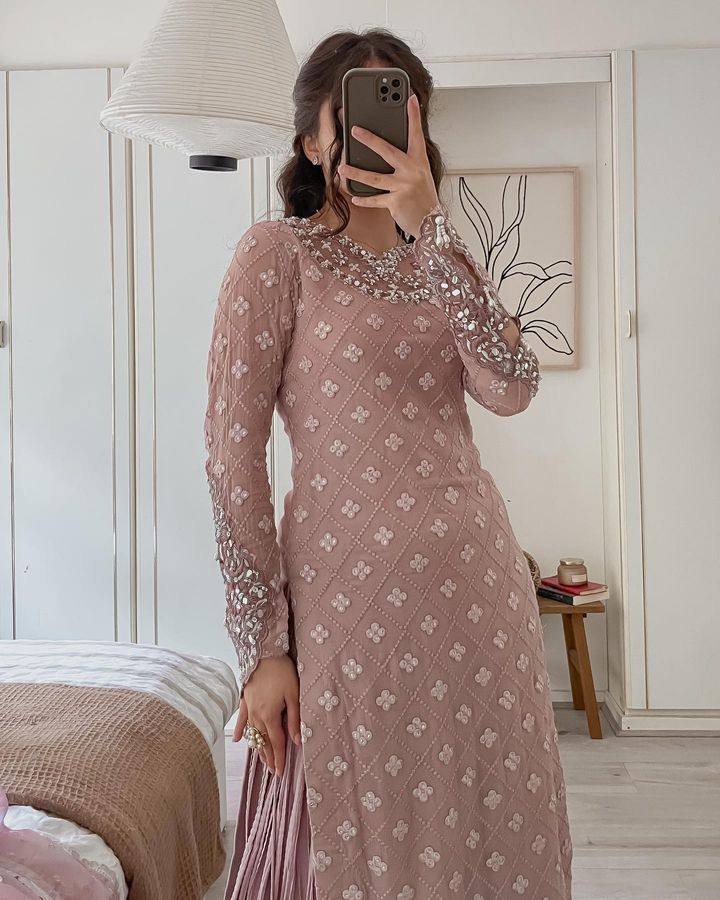 Jiana Peach Georgette Embroidered Kurta Palazzo Sets by My Store