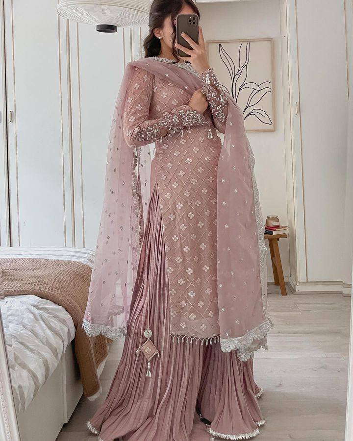 Jiana Peach Georgette Embroidered Kurta Palazzo Sets by My Store