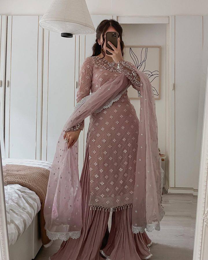 Jiana Peach Georgette Embroidered Kurta Palazzo Sets by My Store