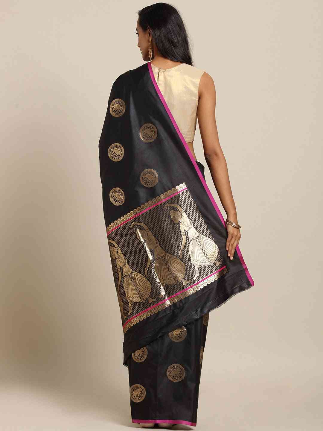 Kanjivaram Black Colour Silk Blend Woven Design Saree by My Store