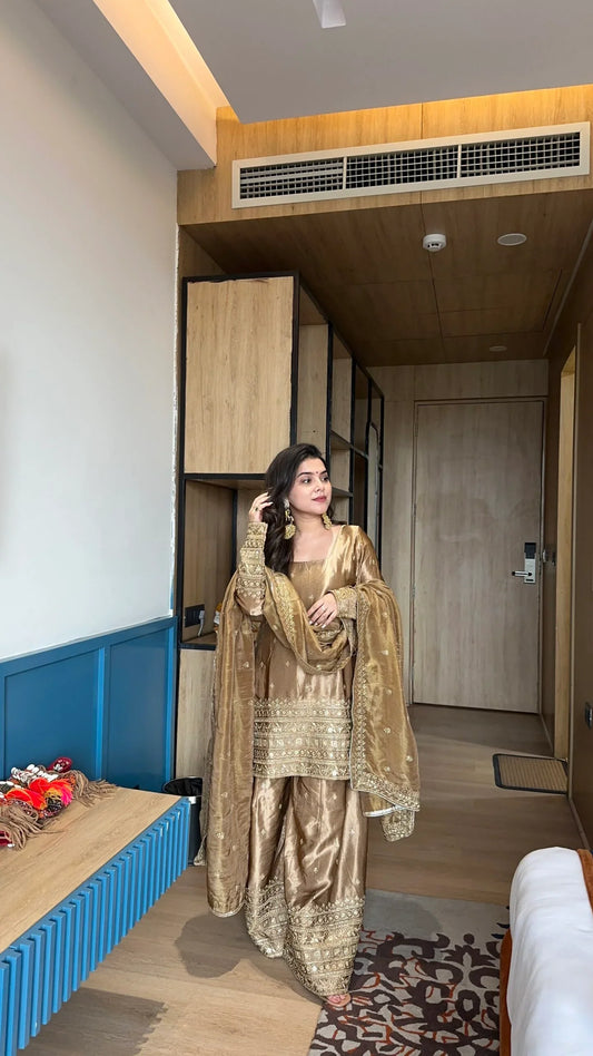 Keyara Beige Satin Embroidered Kurti Sharara Set by My Store