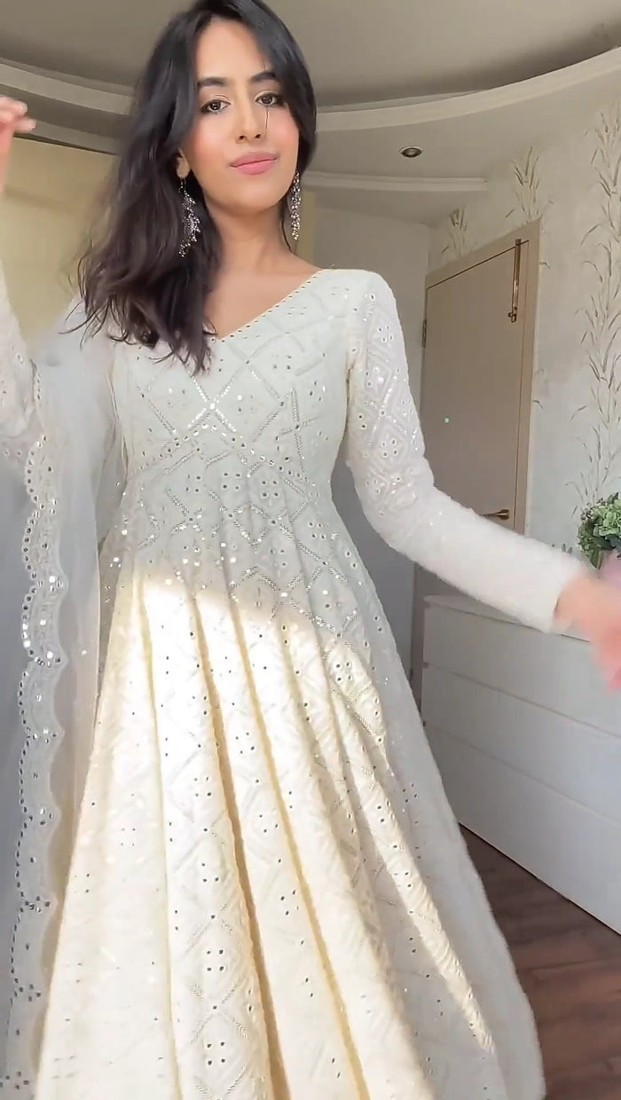 White Embroidered Georgette Fully Stitched Anarkali Suit Set by My Store