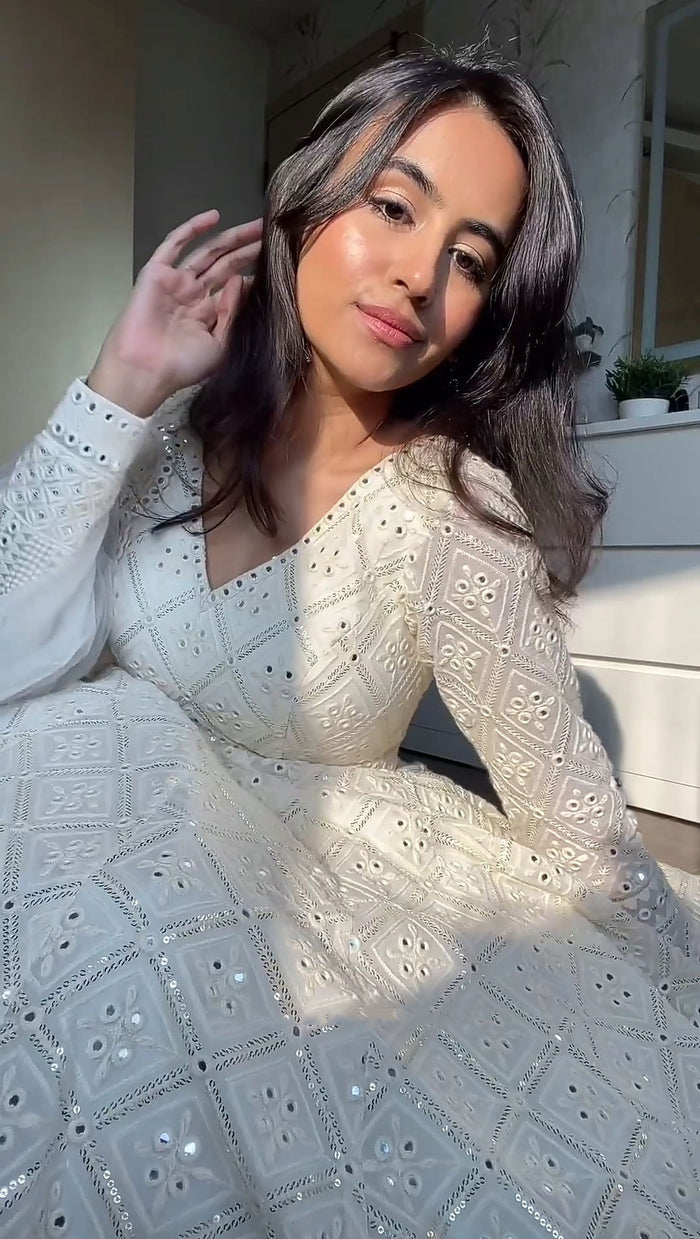 White Embroidered Georgette Fully Stitched Anarkali Suit Set by My Store