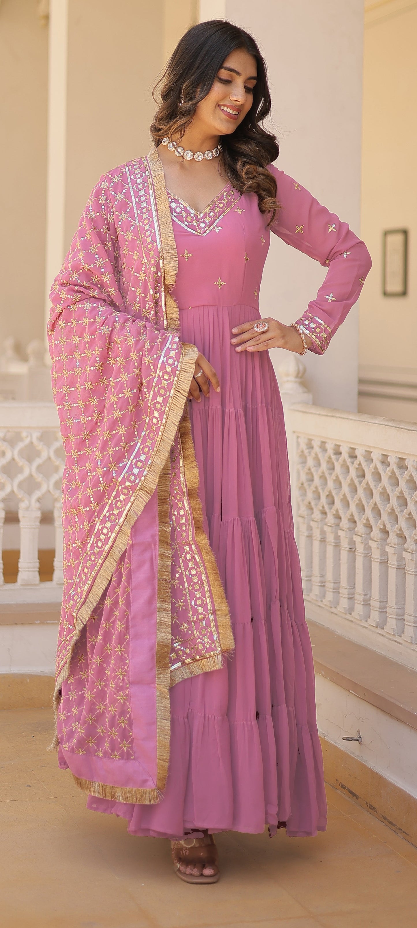 Ready To Wear Georgette Pink Gown Set