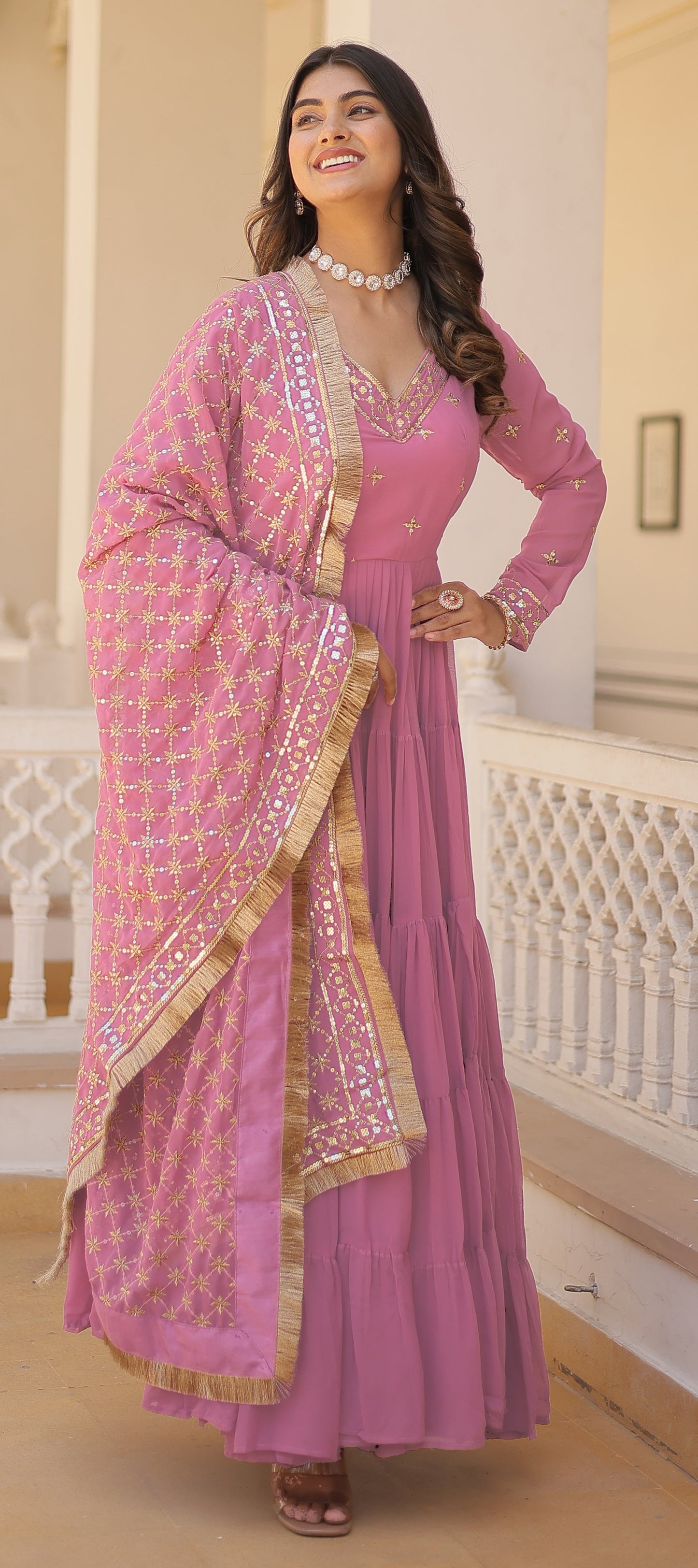 Ready To Wear Georgette Pink Gown Set