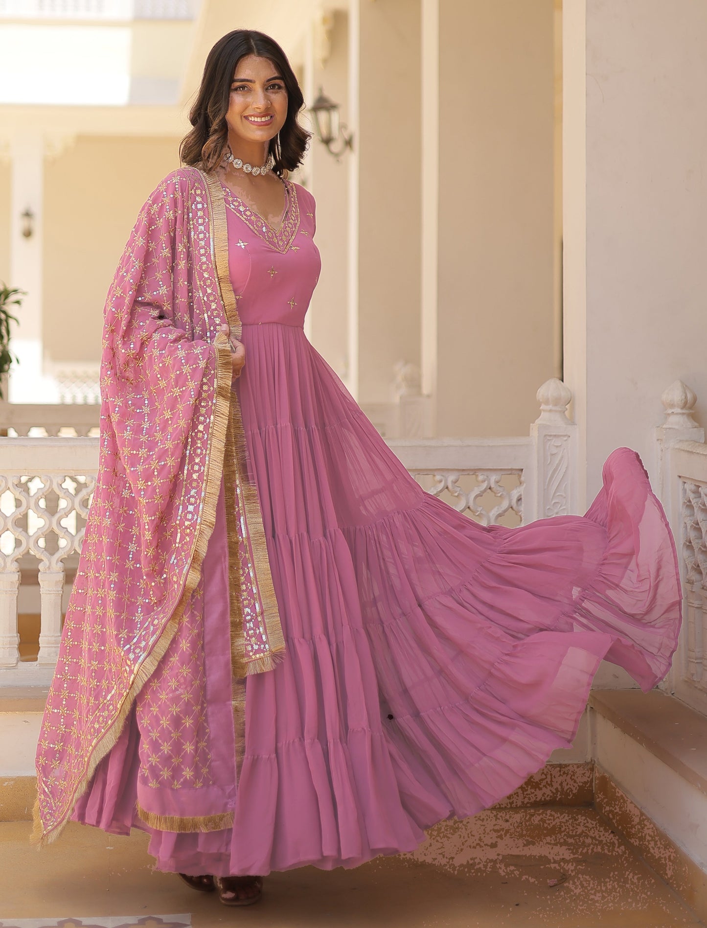 Ready To Wear Georgette Pink Gown Set