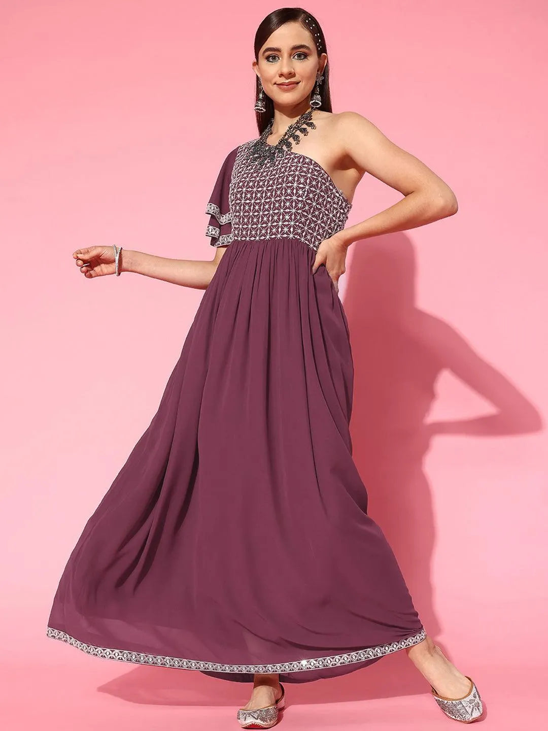 Mauve Embroidered Georgette Gown by My Store