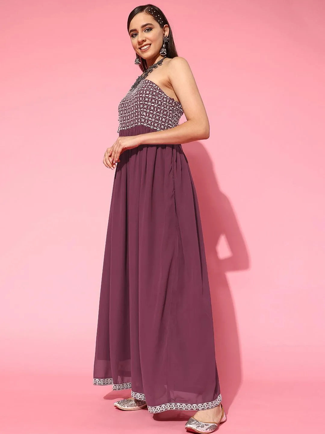 Mauve Embroidered Georgette Gown by My Store