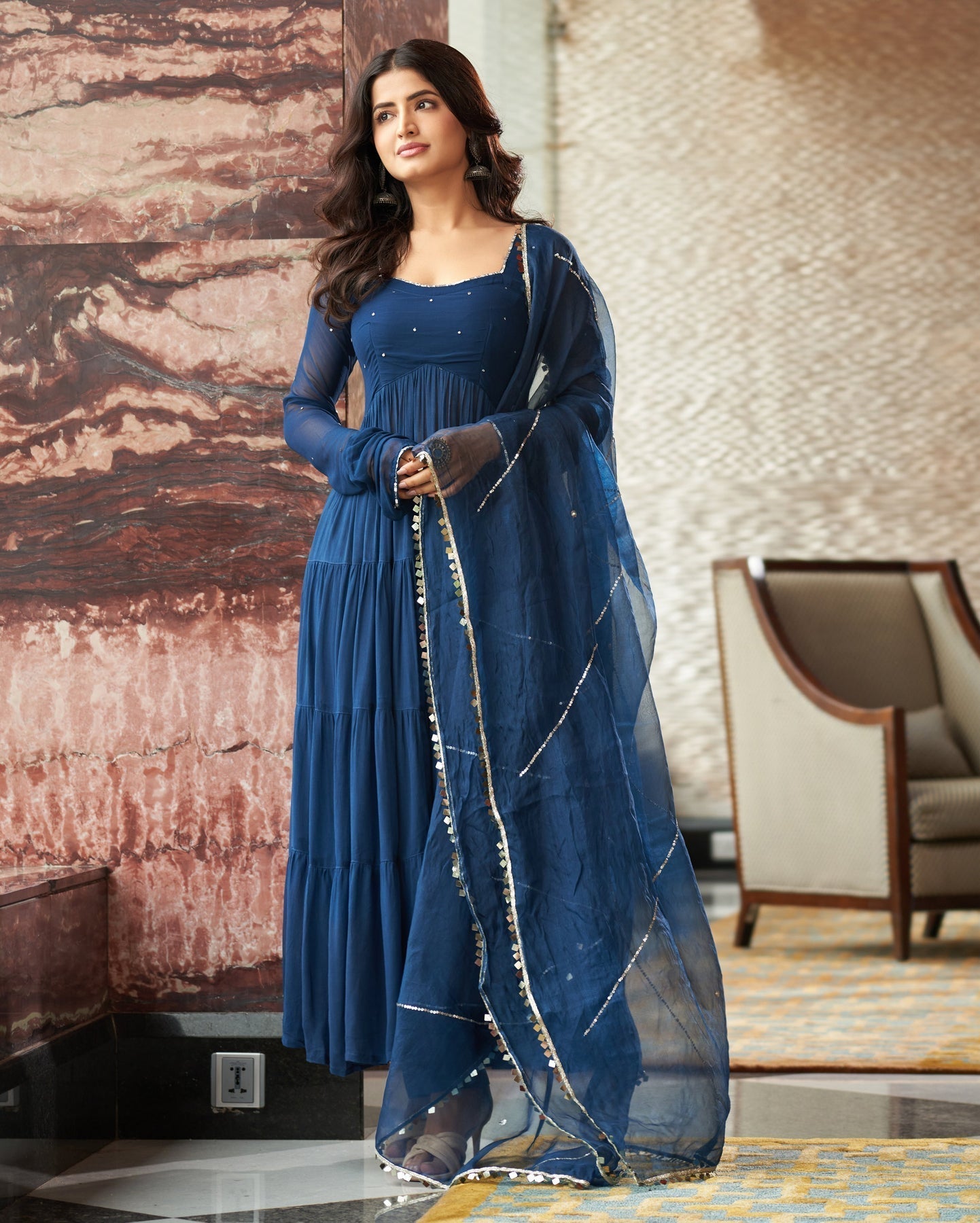 Mihika Blue Georgette Flared Anarkali Suit Set by My Store