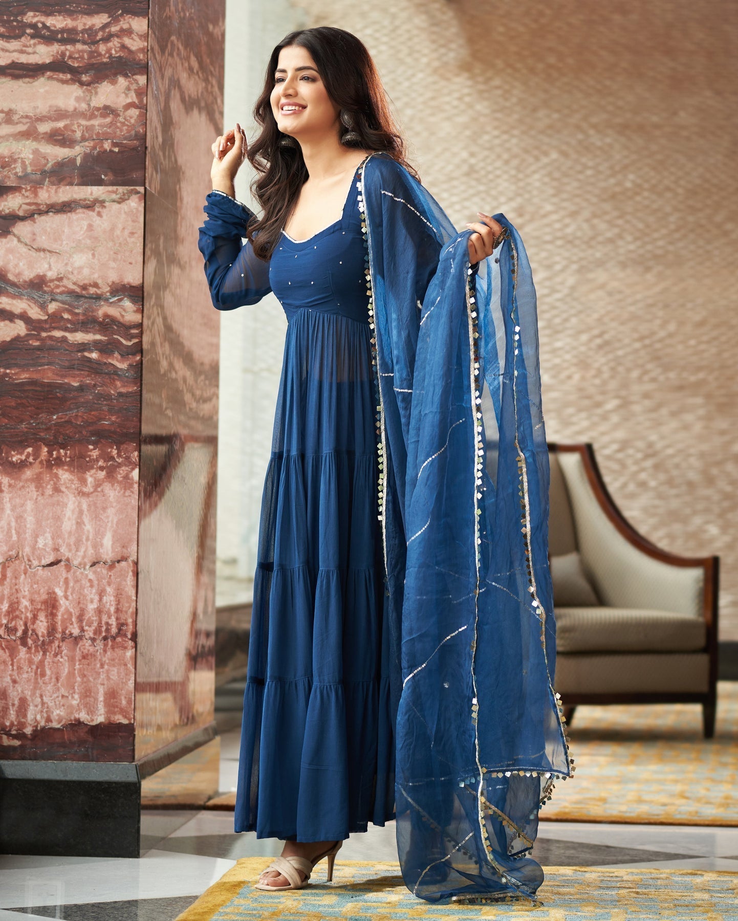 Mihika Blue Georgette Flared Anarkali Suit Set by My Store