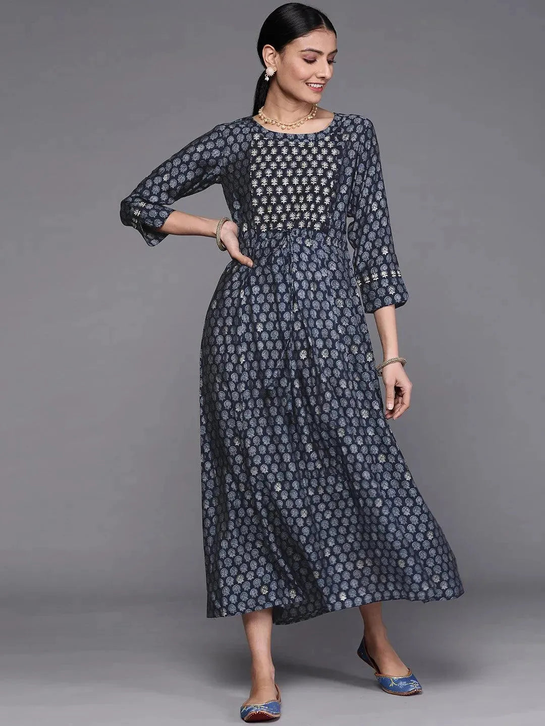 Navy Blue Printed Cotton Dress by My Store