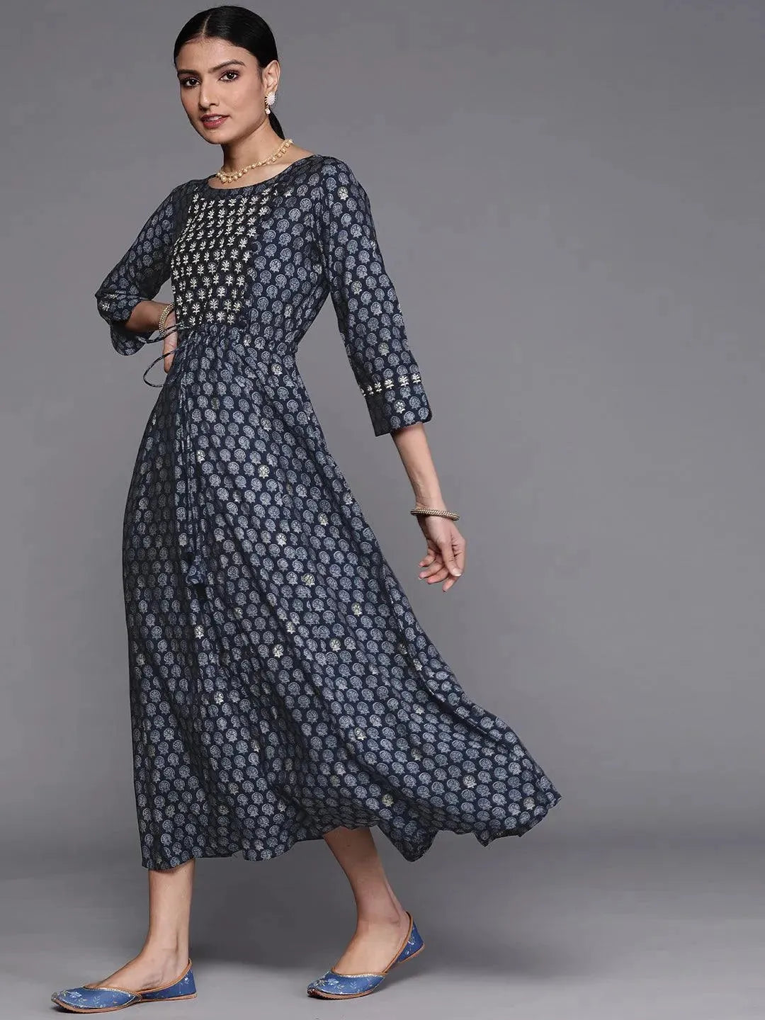 Navy Blue Printed Cotton Dress by My Store