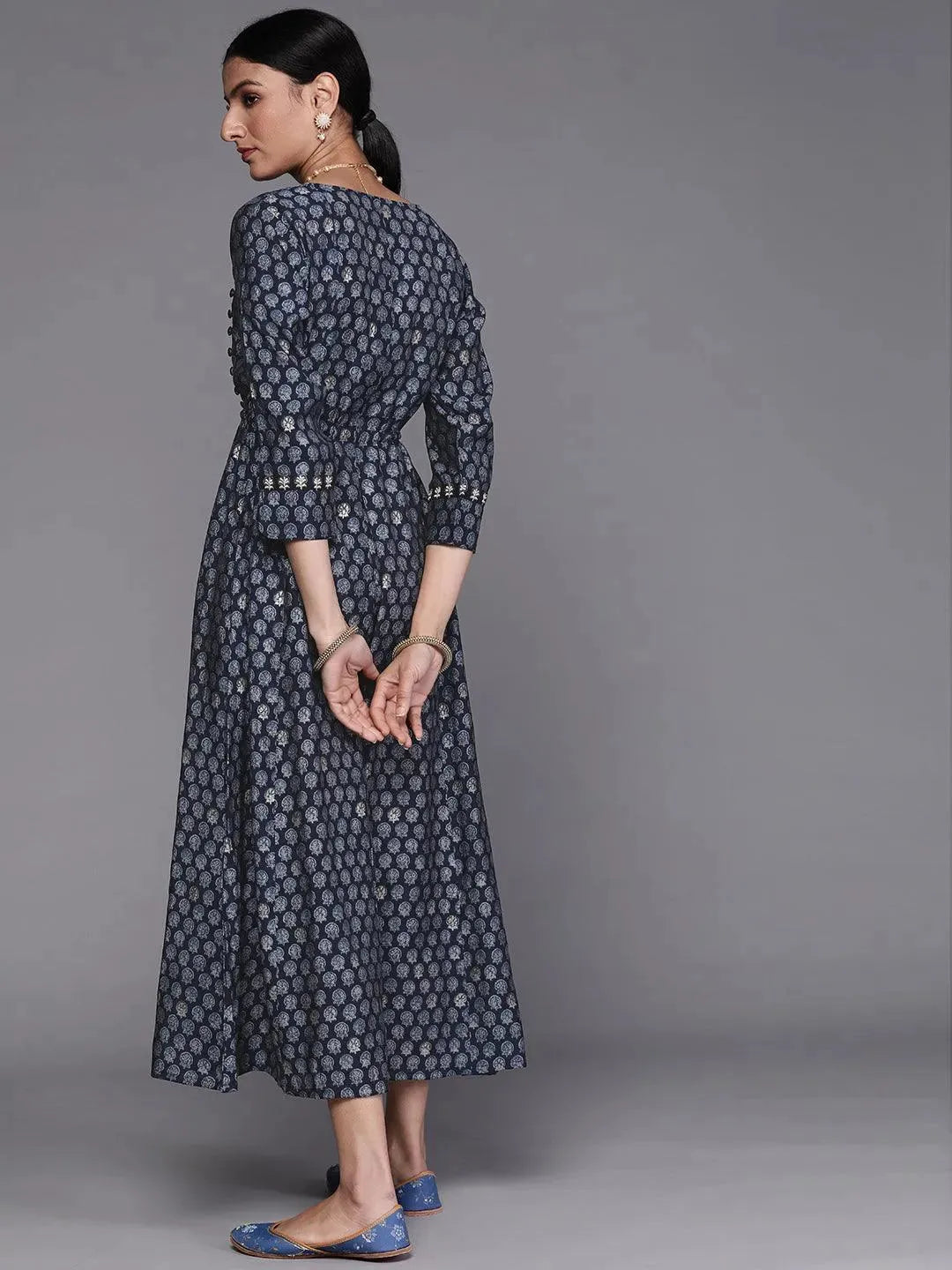 Navy Blue Printed Cotton Dress by My Store